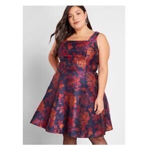 ModCloth Sz 14 RSVP Ready Dress Fit & Flare Navy Brocade Wedding Cocktail Pocket